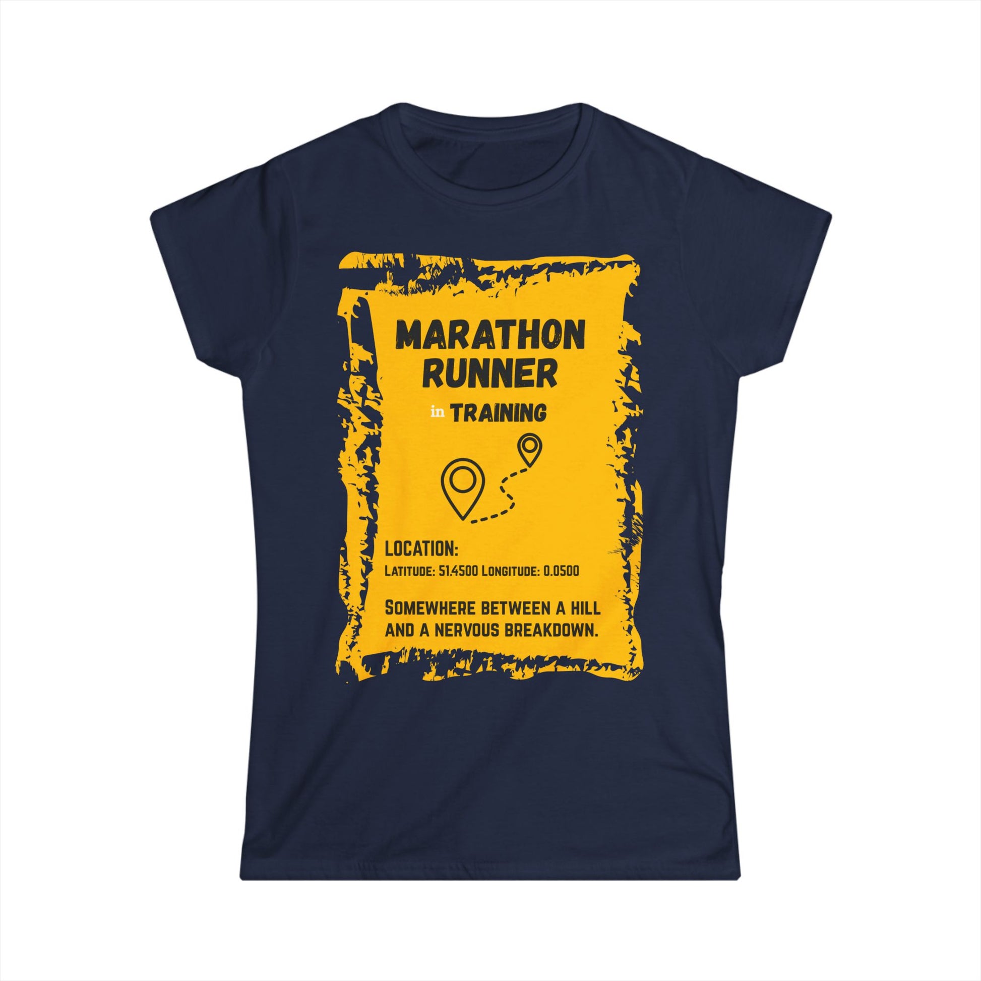 "T-shirt displaying marathon runner's training journey between hills and breakdowns"