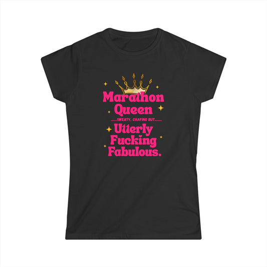 "Soft style t-shirt with empowering marathon queen profanity text - black"