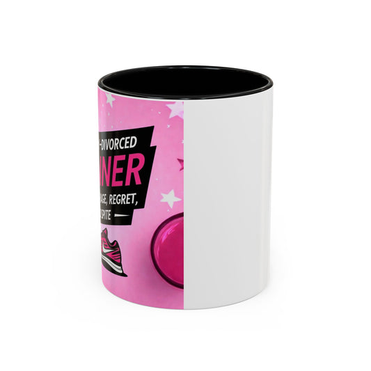 "Funny divorce-themed running mug with motivational text for runners"
