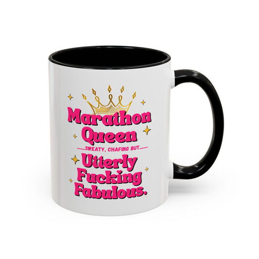 "Contrast coffee mug featuring empowering marathon queen text with attitude"
