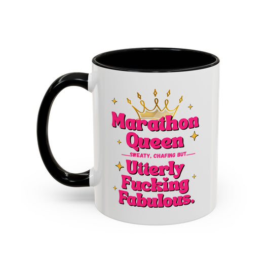 "Contrast coffee mug featuring empowering marathon queen text with attitude"