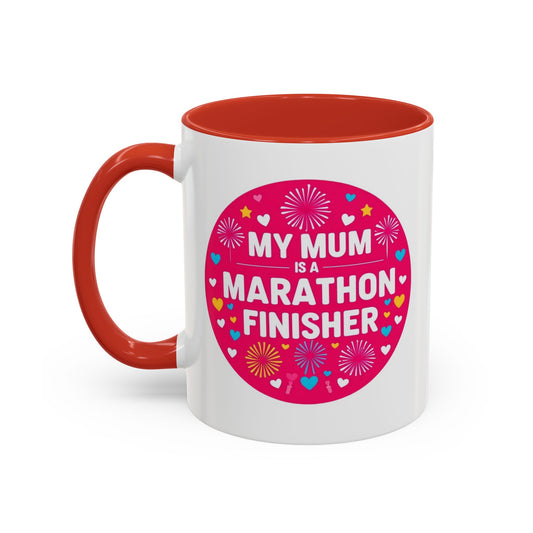  "White ceramic mug with 'Marathon Finisher Mum' text celebrating running mothers"