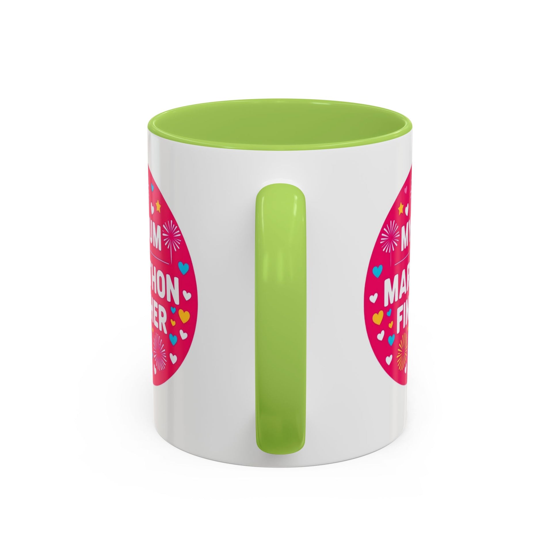  "Marathon Finisher Mum mug side view showing inspirational text design"