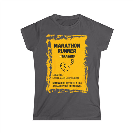 "T-shirt displaying marathon runner's training journey between hills and breakdowns"