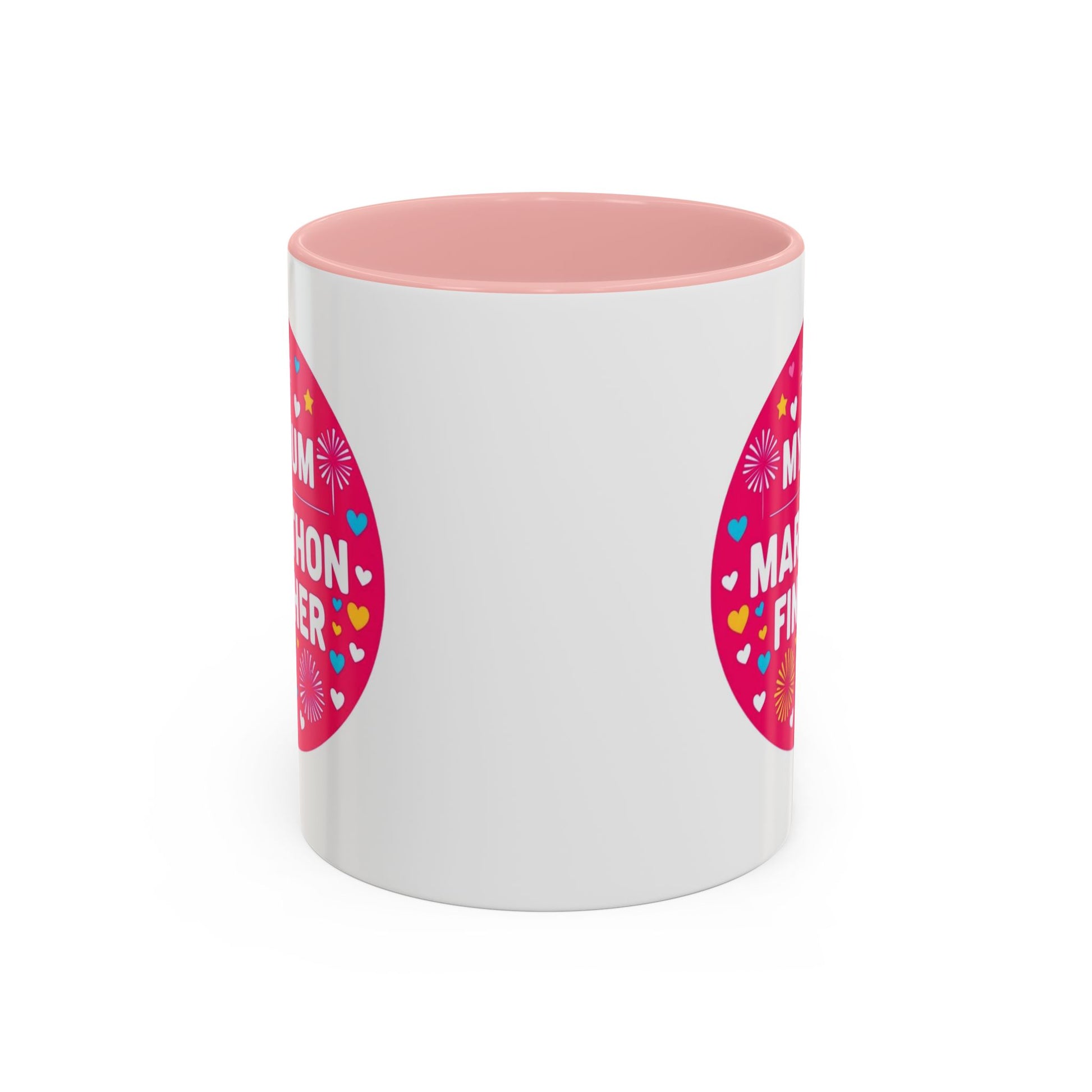  "Marathon Finisher Mum mug side view showing inspirational text design"