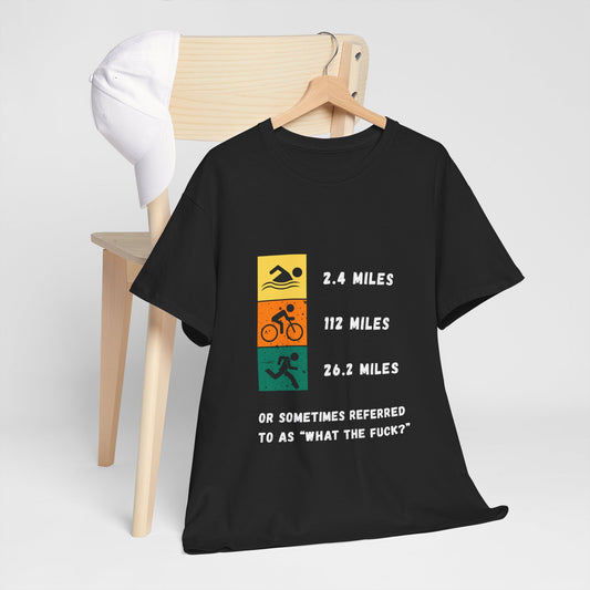 "Triathlon t-shirt with humorous 'WTF' text about Ironman distances - black"