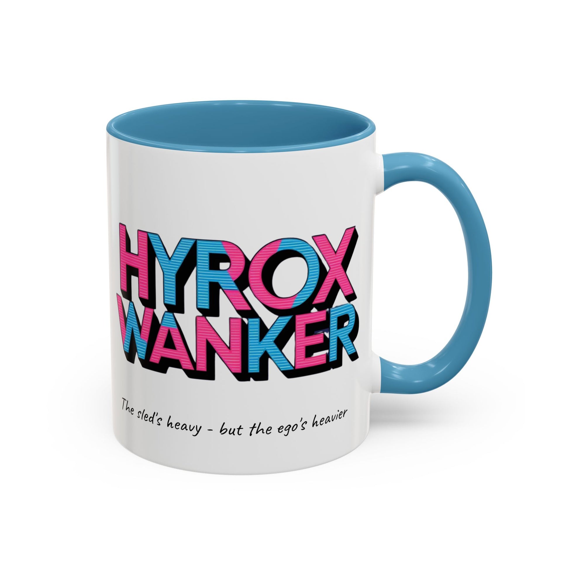 "White / blue ceramic mug with humorous HYROX training text about heavy sleds and egos"