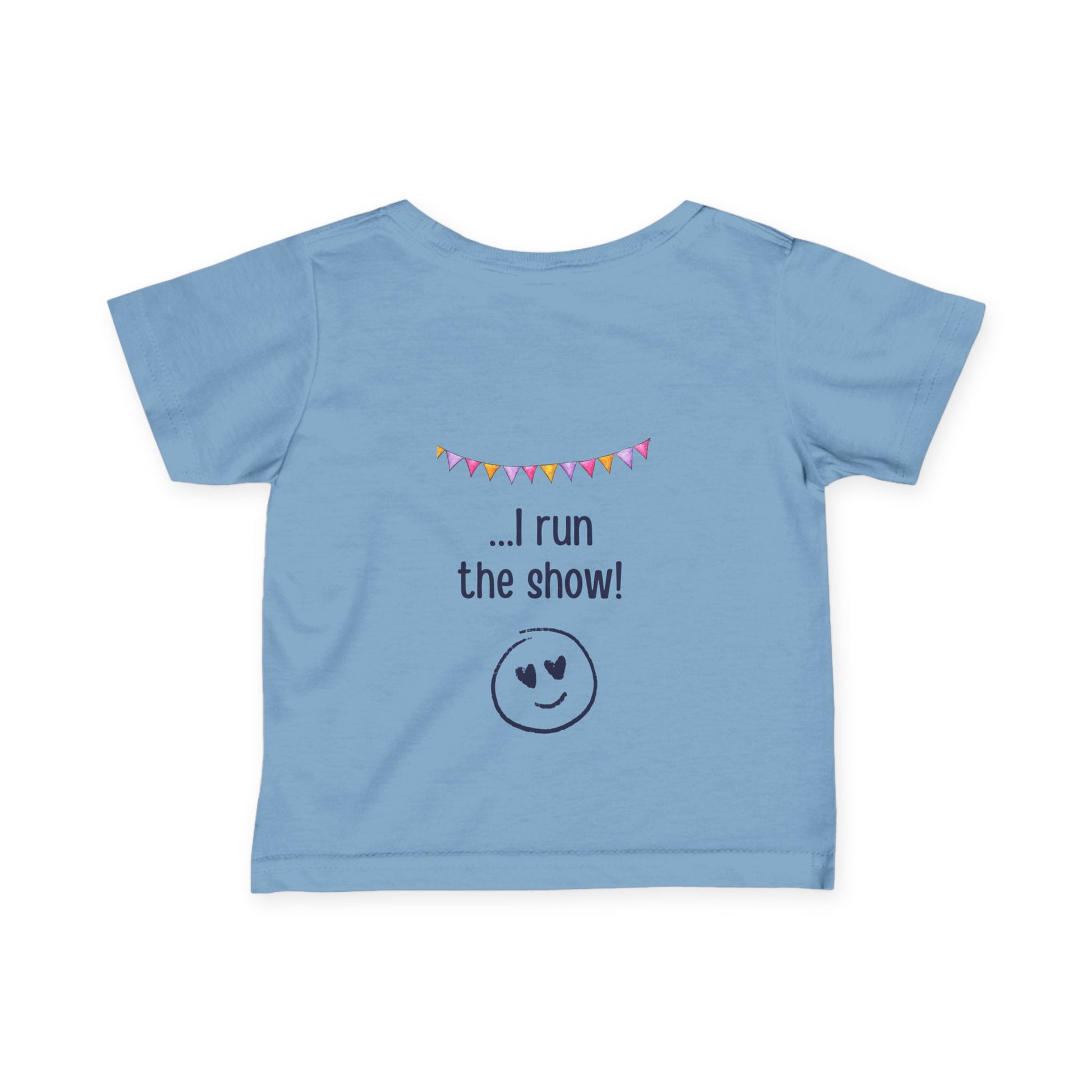 "Toddler t-shirt in blue. Front text: My Mum runs marathons. Back: I run the show"