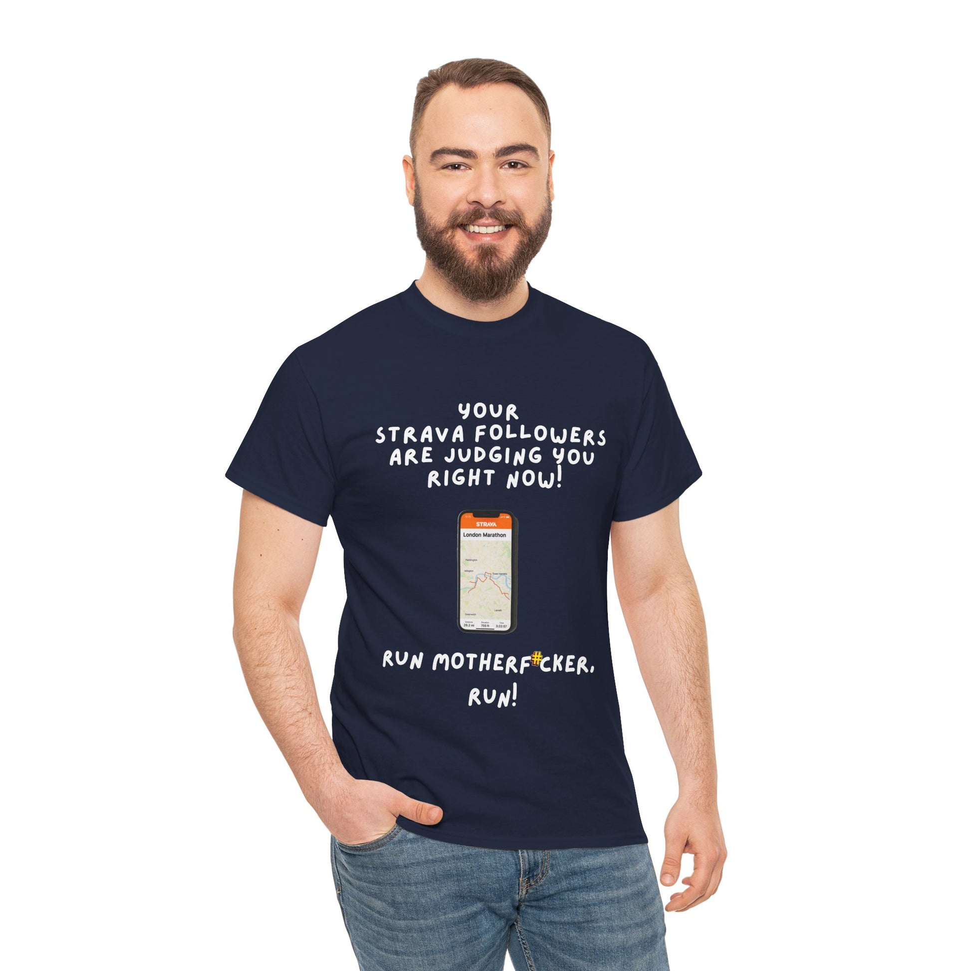 "Classic fit t-shirt with profanity-laced Strava motivation text for runners - navy"