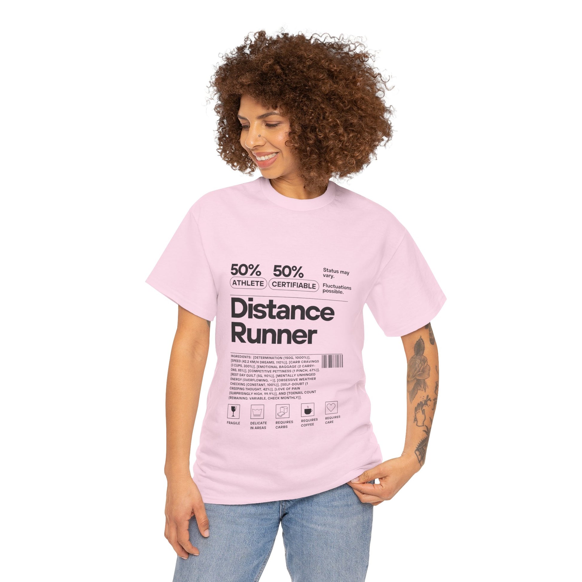  "Cotton tee featuring 50% athlete 50% certifiable distance runner humour"