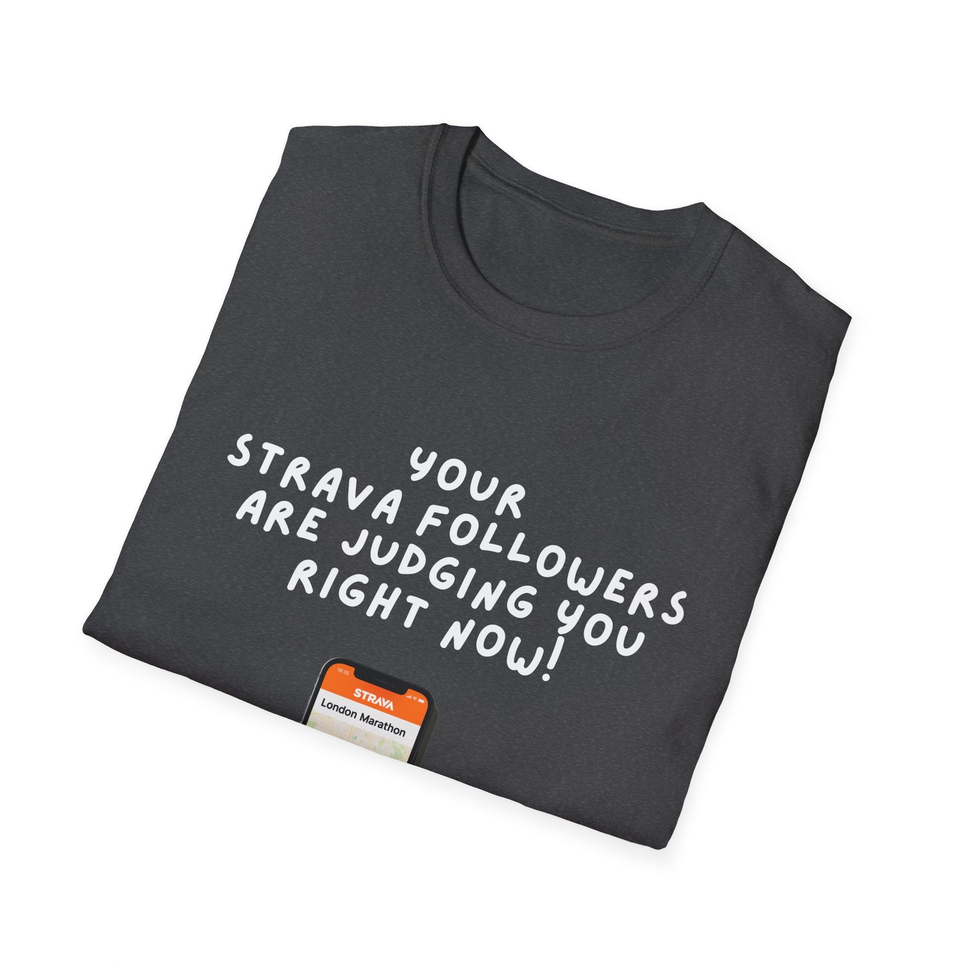 "Soft style t-shirt with humorous Strava motivation text for runners - folded charcoal