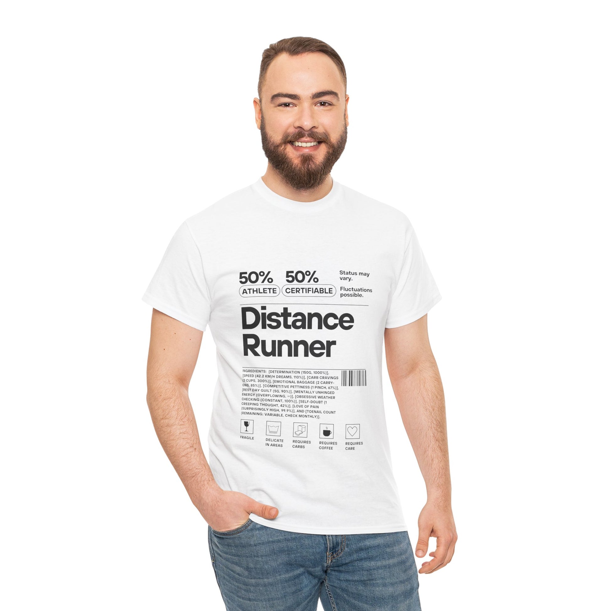 "Cotton tee featuring 50% athlete 50% certifiable distance runner humour"