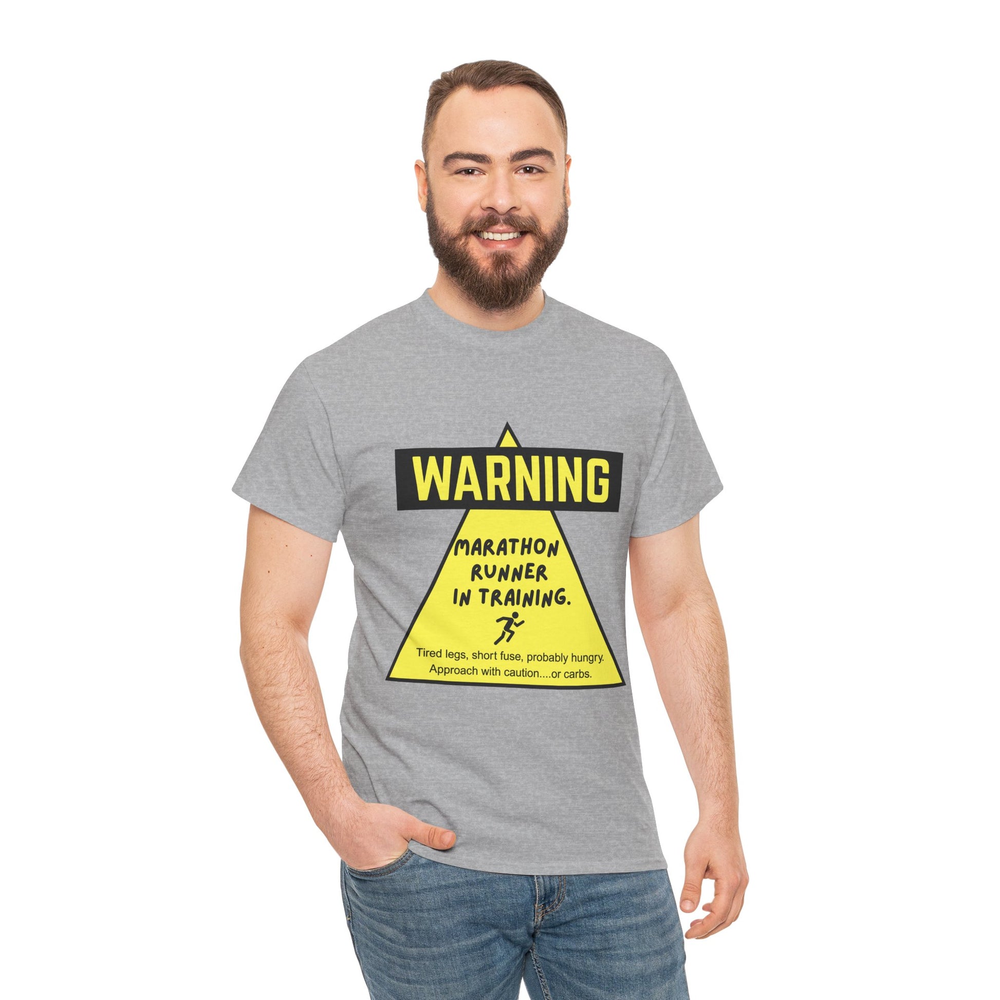 "Unisex t-shirt with warning text about marathon runner in training - tired legs, short fuse, probably hungry"