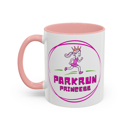 "White ceramic mug with 'Parkrun Princess' text design for running enthusiasts"