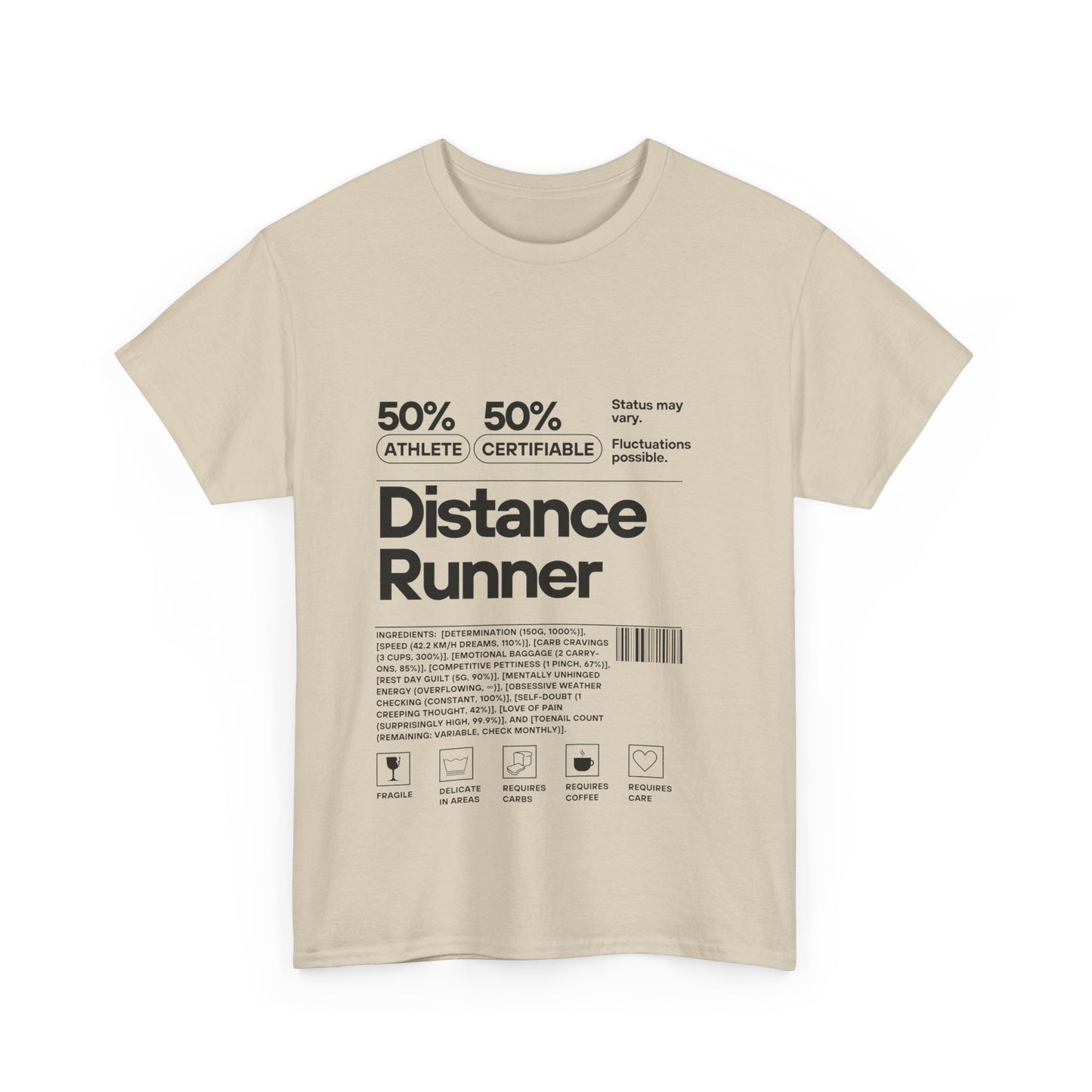  "Cotton tee featuring 50% athlete 50% certifiable distance runner humour"