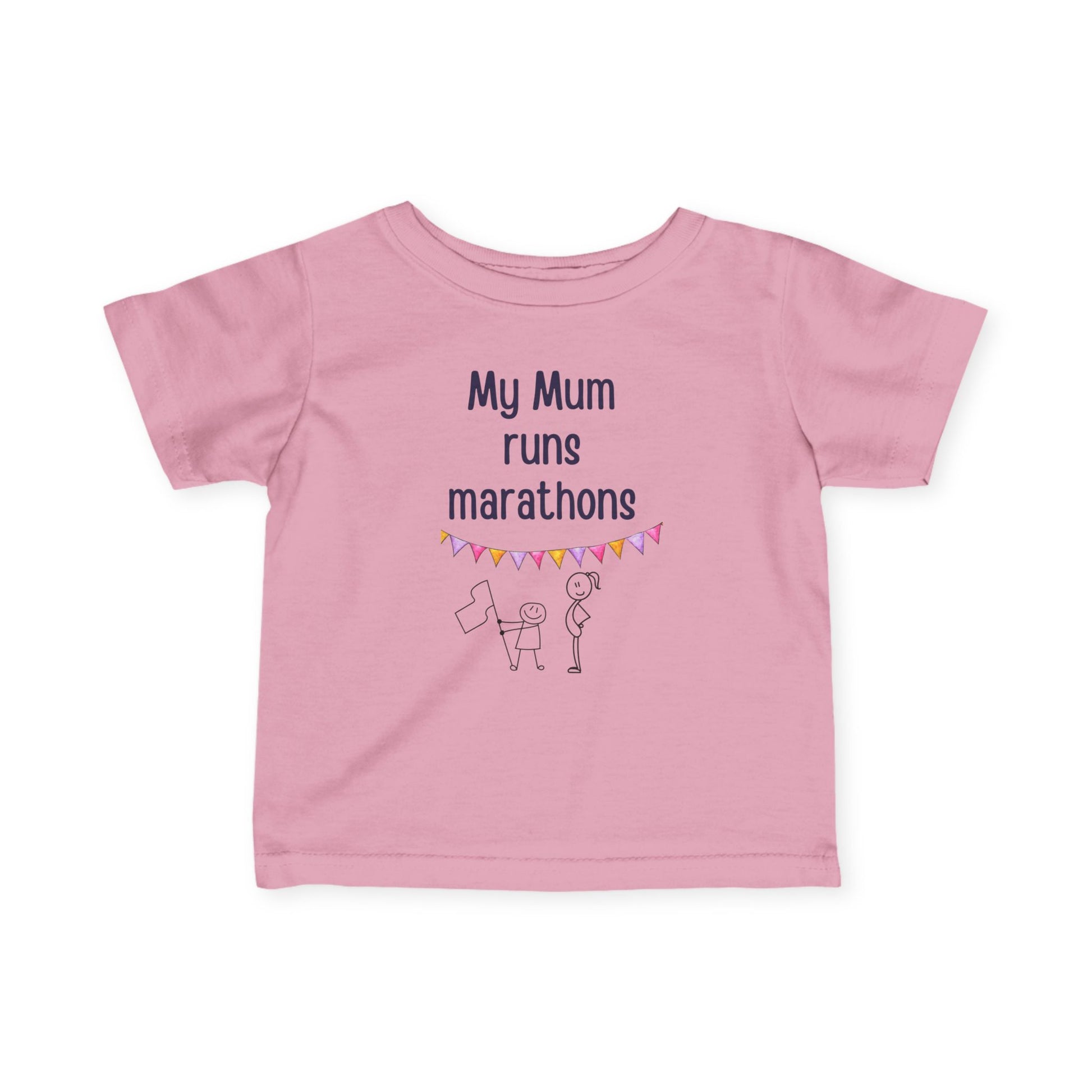 "Toddler t-shirt in pink. Front text: My Mum runs marathons. Back: I run the show"