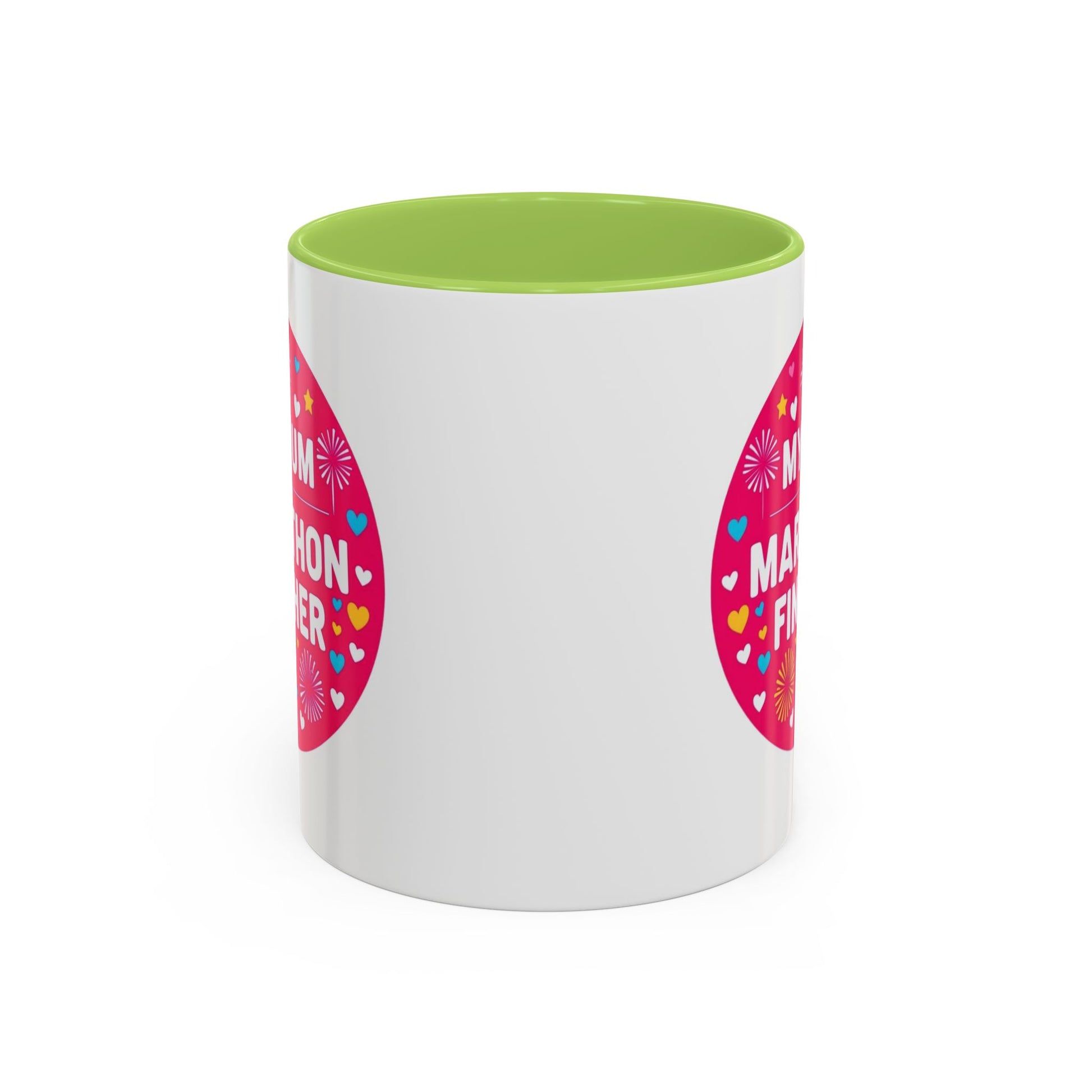  "Marathon Finisher Mum mug side view showing inspirational text design"
