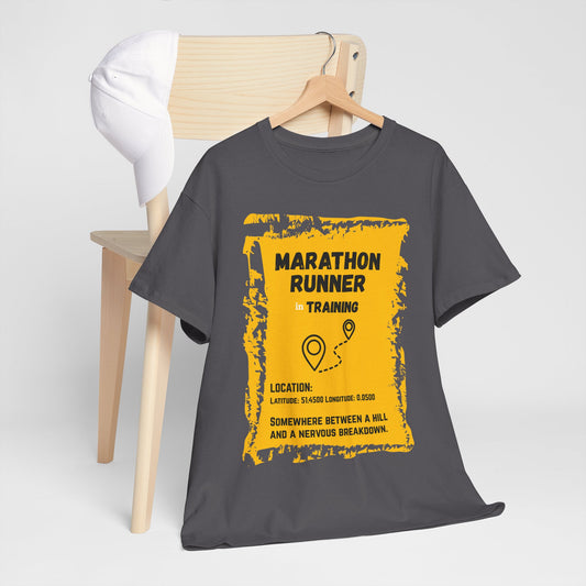 "Unisex classic fit t-shirt with humorous marathon training text about hills and breakdowns"