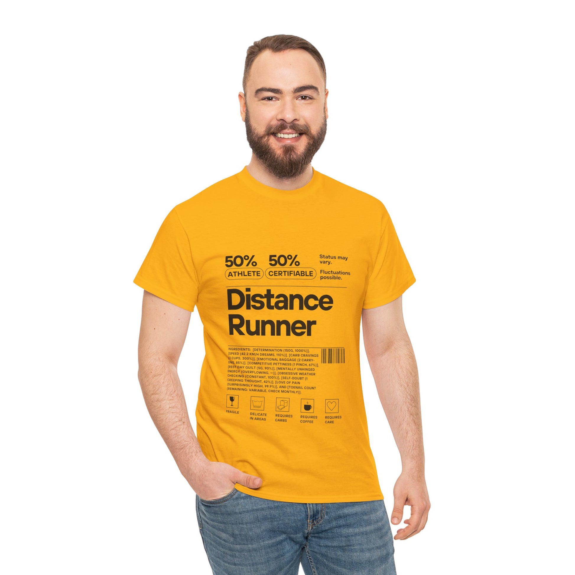  "Cotton tee featuring 50% athlete 50% certifiable distance runner humour"
