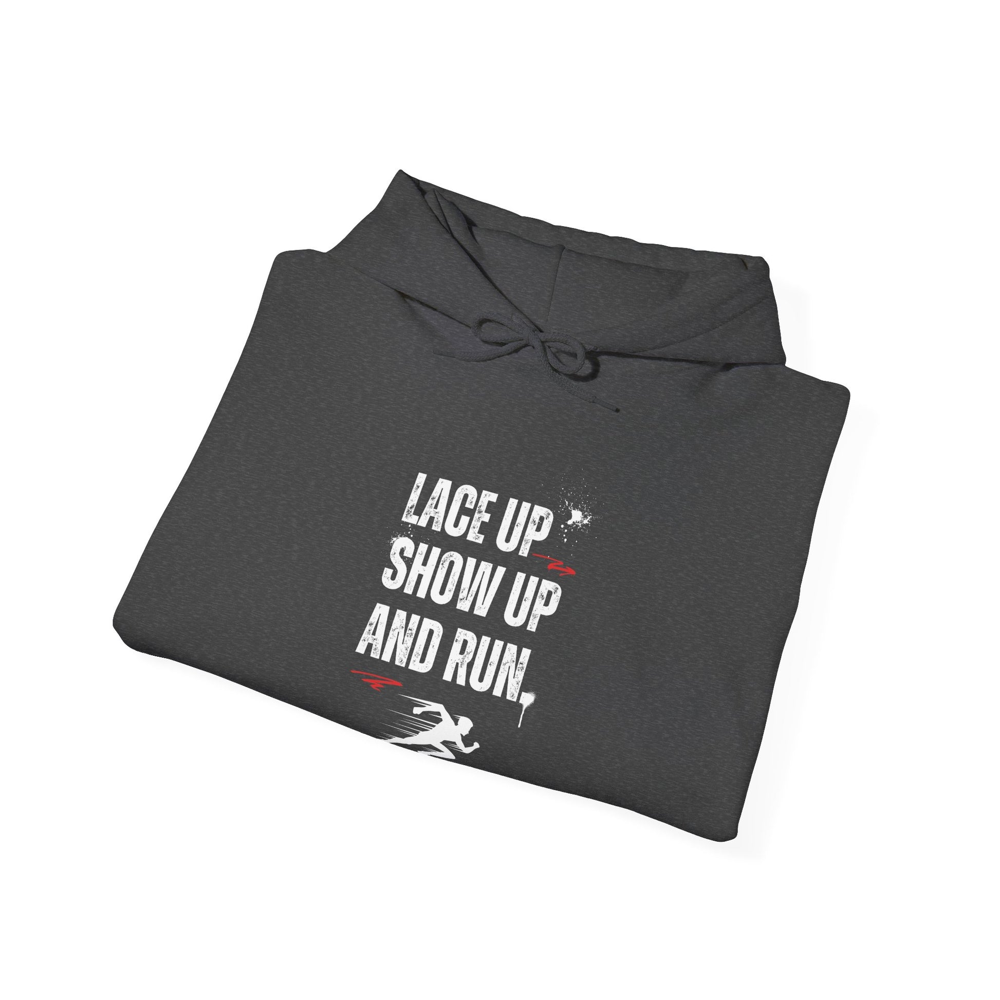 "Unisex heavy blend hoodie with motivational running text for athletes - folded view"