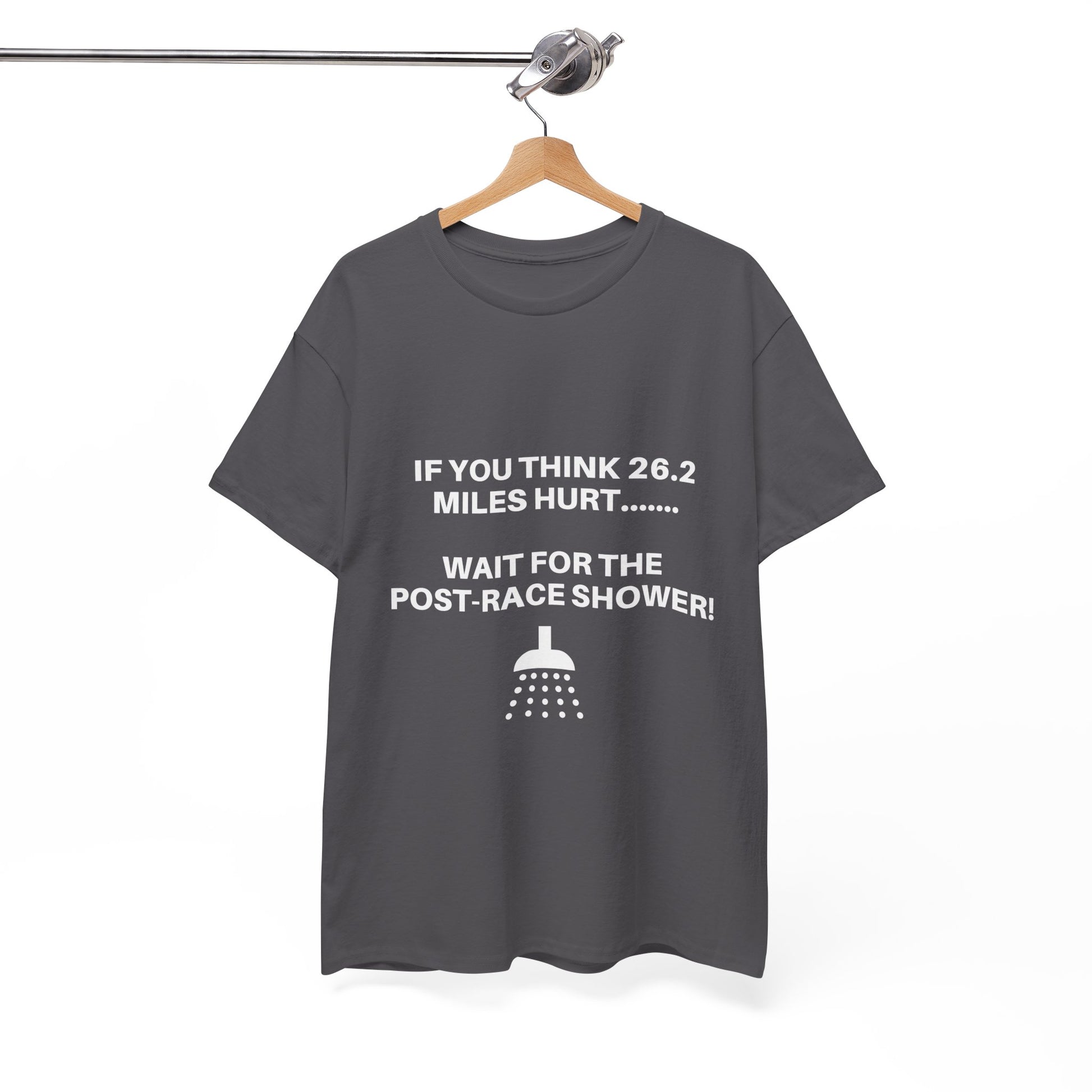  "Cotton tee featuring funny post-marathon shower warning"