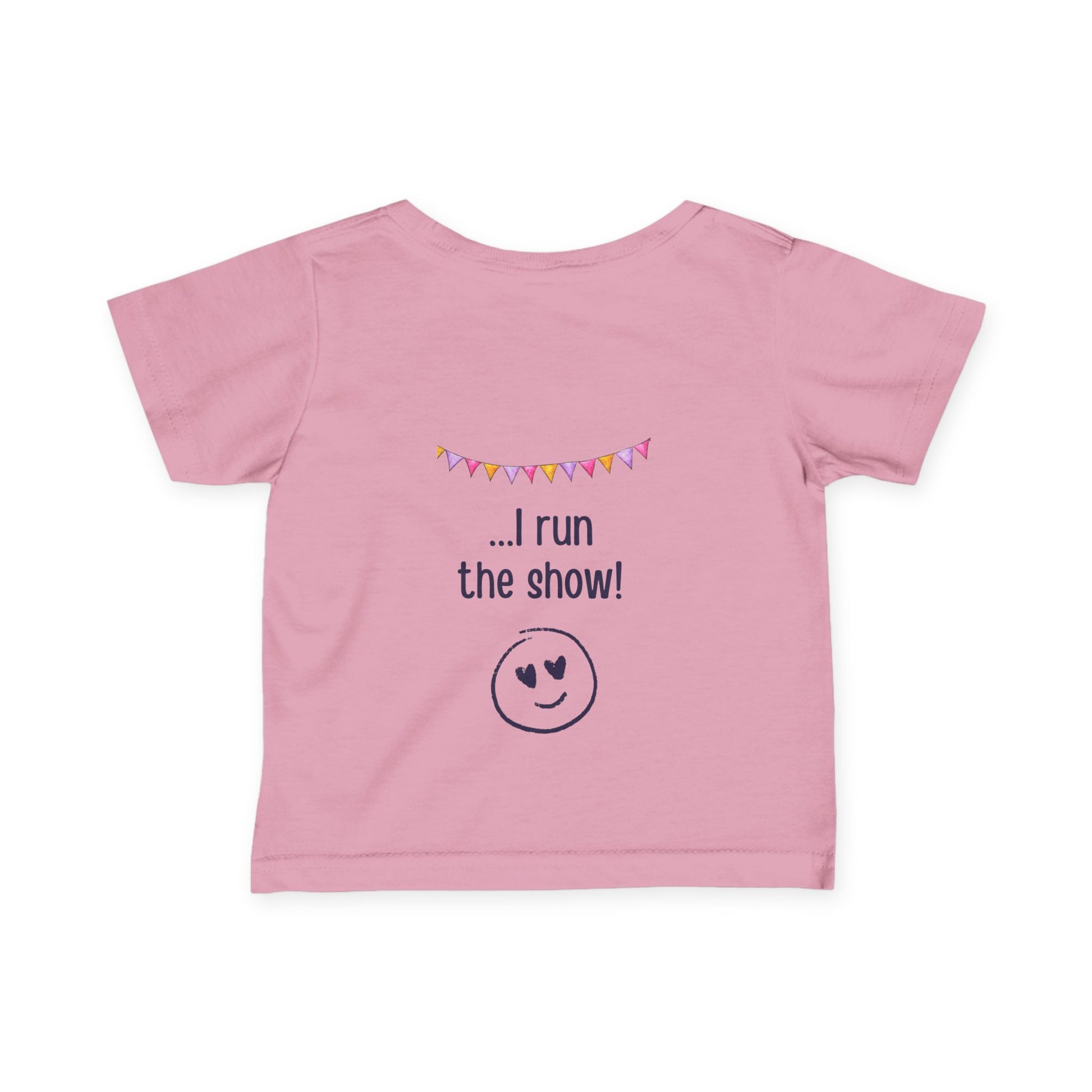 "Toddler t-shirt in pink. Front text: My Mum runs marathons. Back: I run the show"