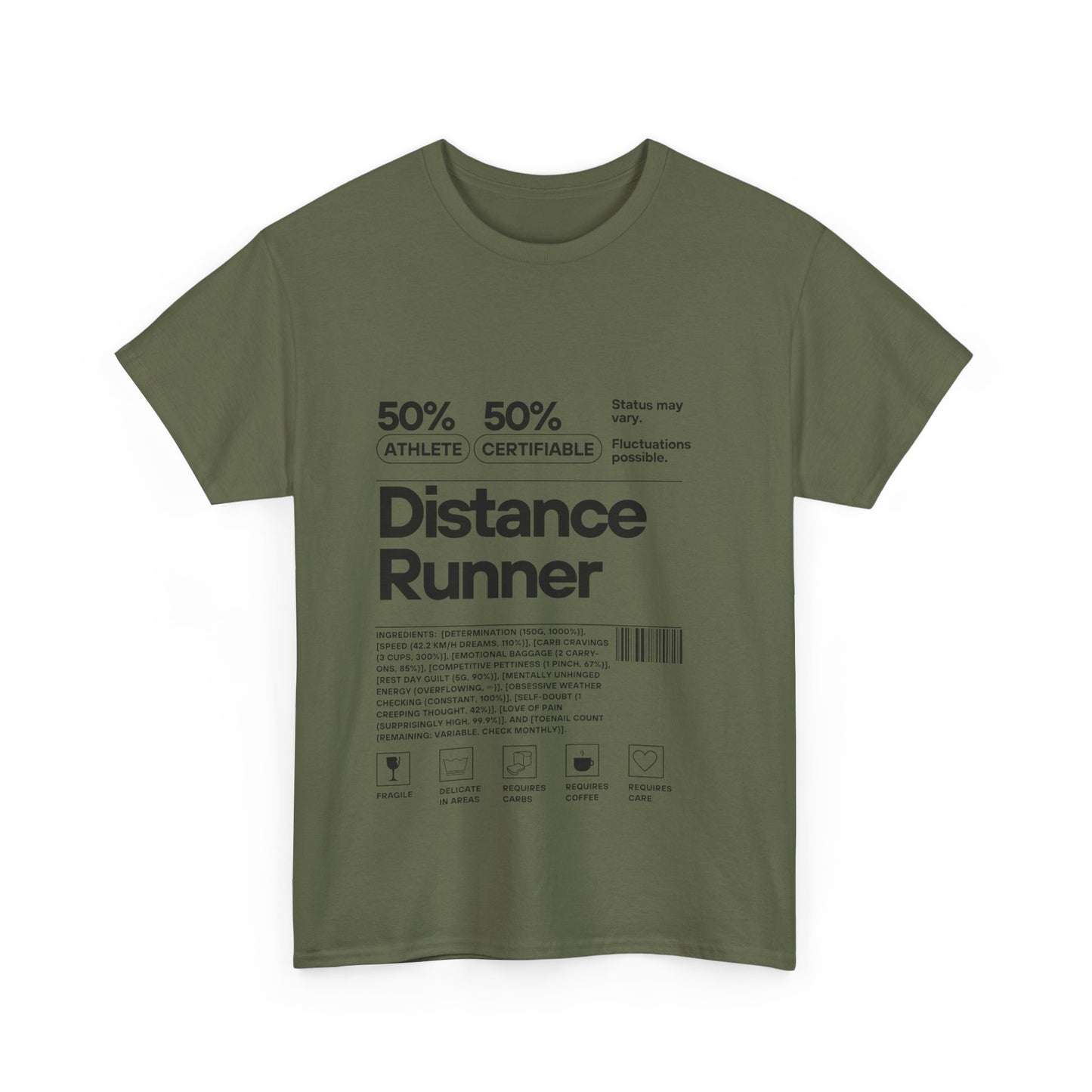  "Cotton tee featuring 50% athlete 50% certifiable distance runner humour"