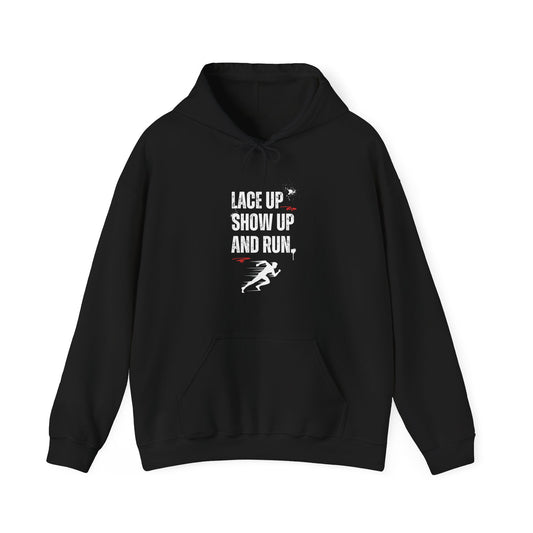 "Unisex heavy blend hoodie with motivational running text for athletes - black"