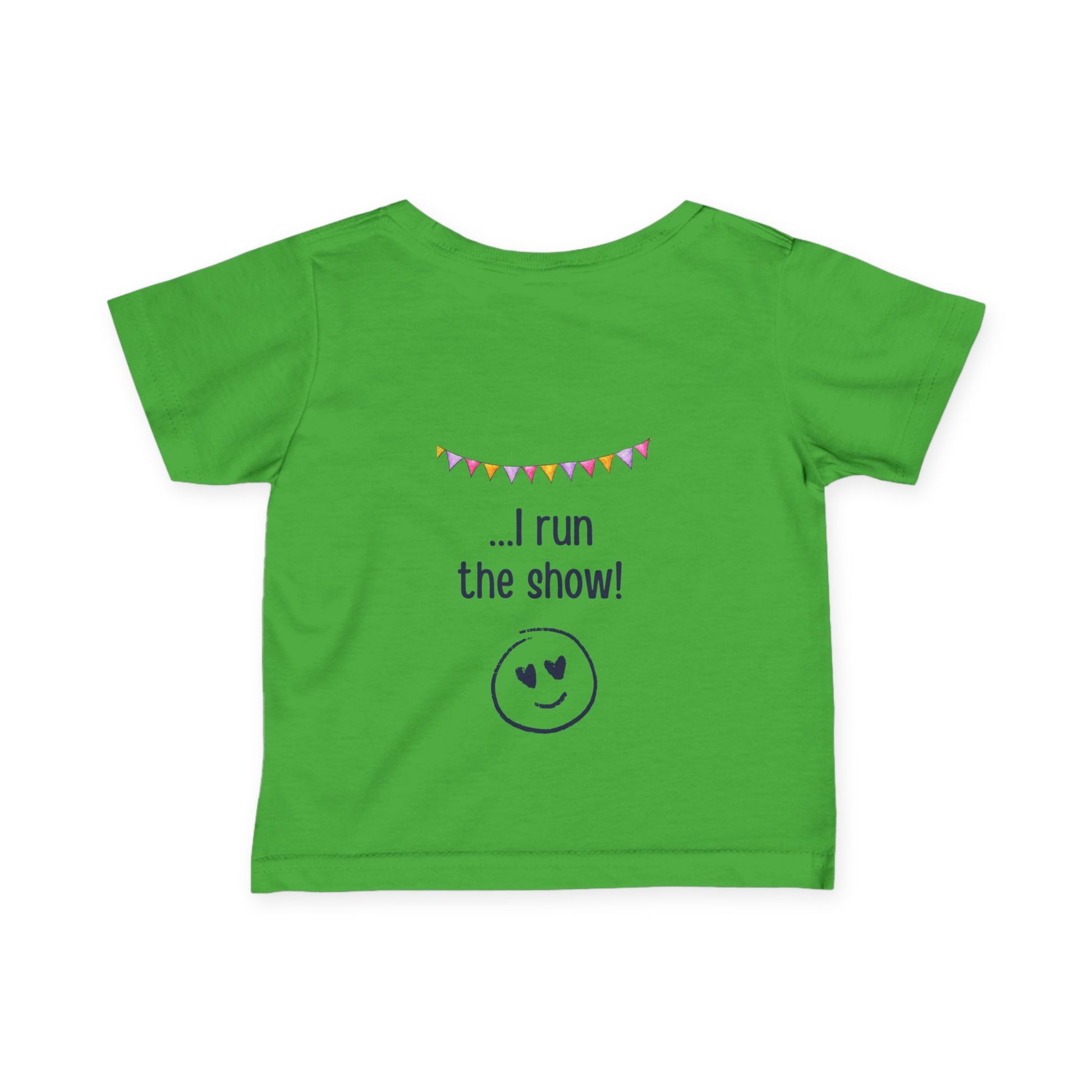 "Toddler t-shirt in green. Front text: My Mum runs marathons. Back: I run the show"