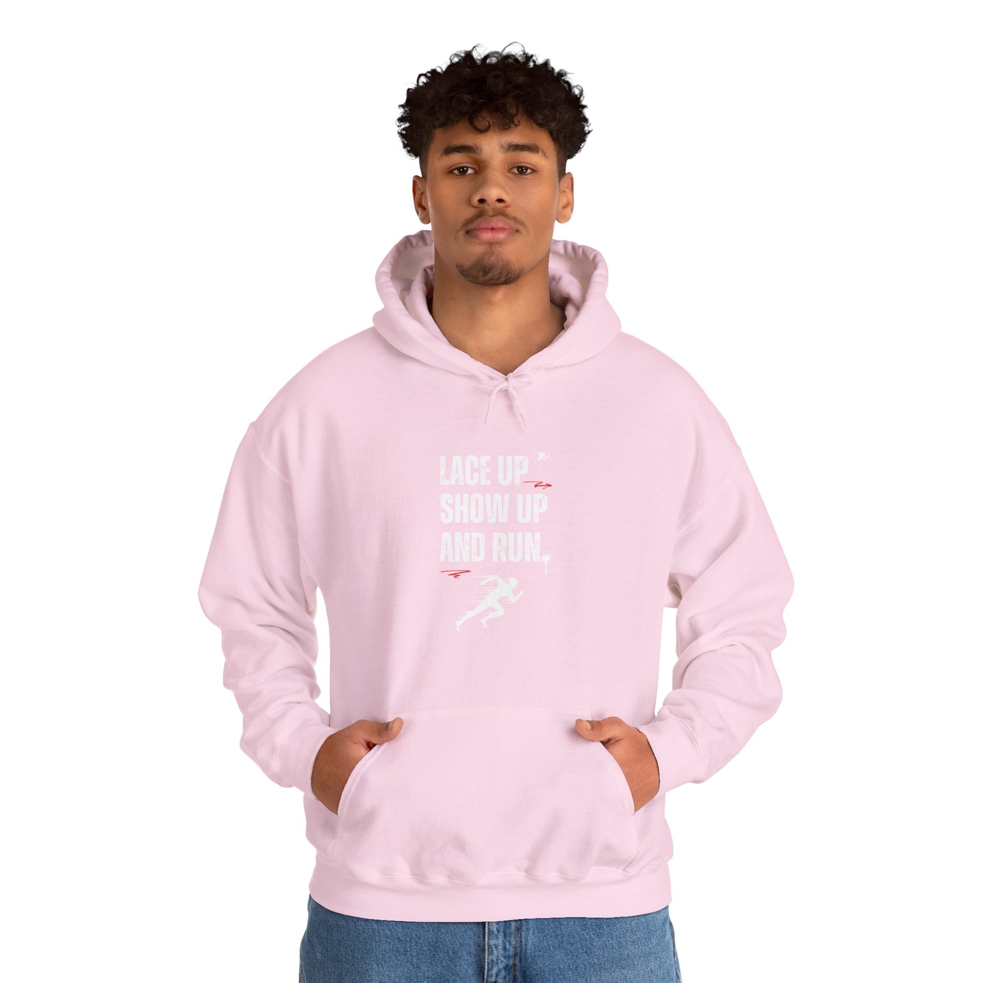 "Unisex heavy blend hoodie with motivational running text for athletes - pink"