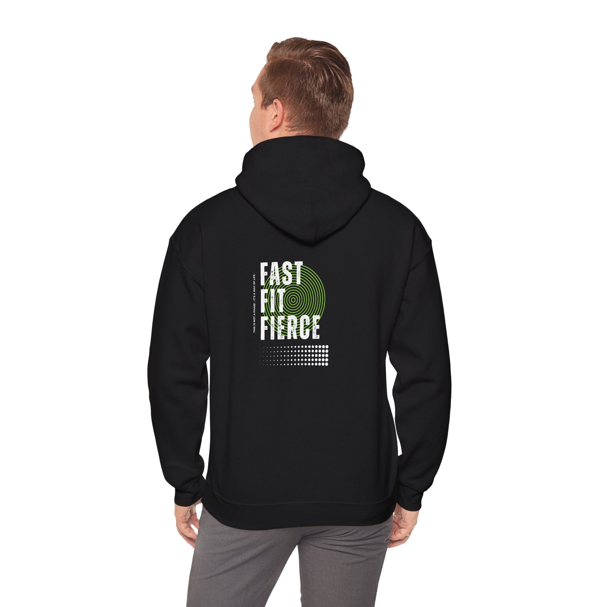 "Unisex heavy blend hoodie with motivational running text for athletes - back view"