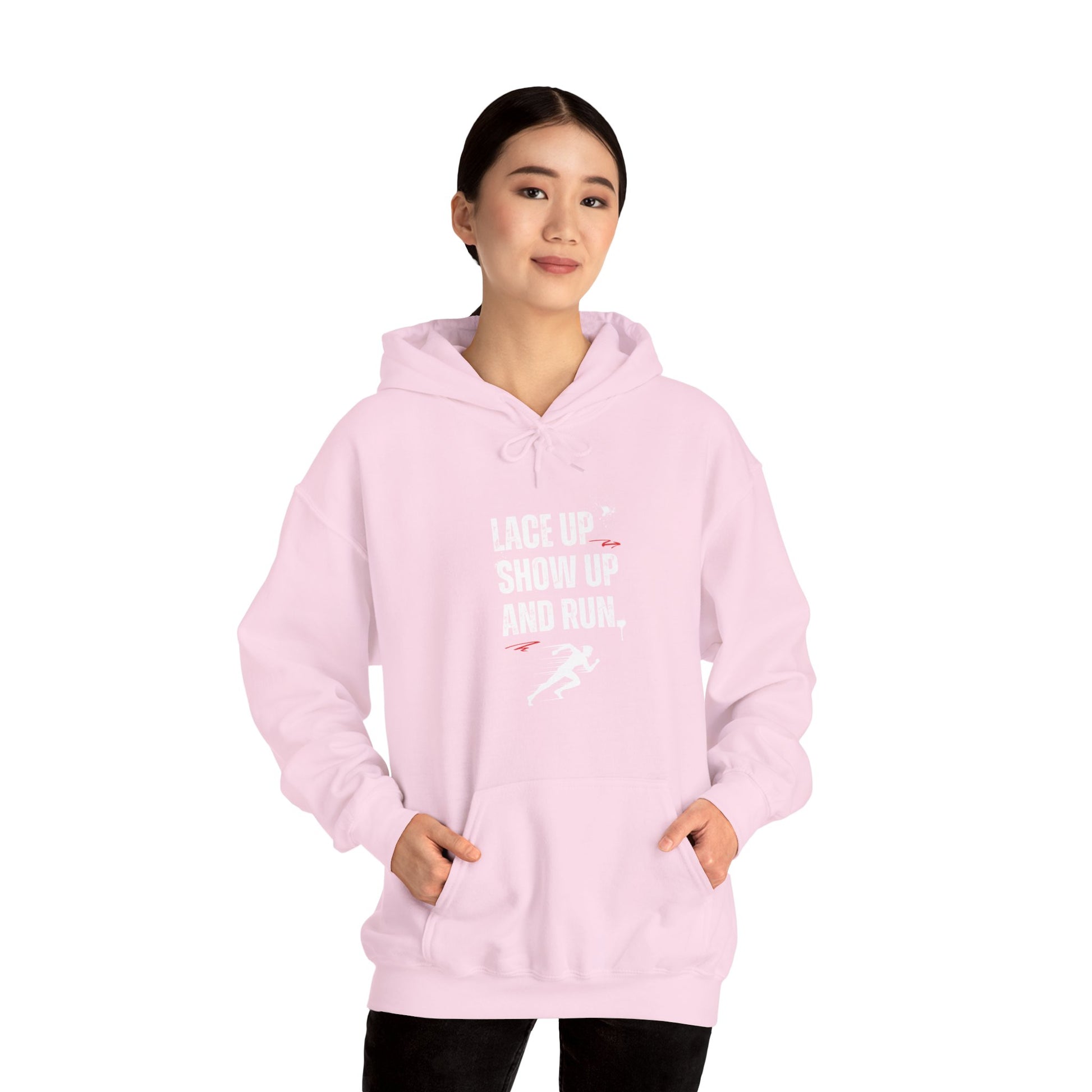 "Unisex heavy blend hoodie with motivational running text for athletes - pink"