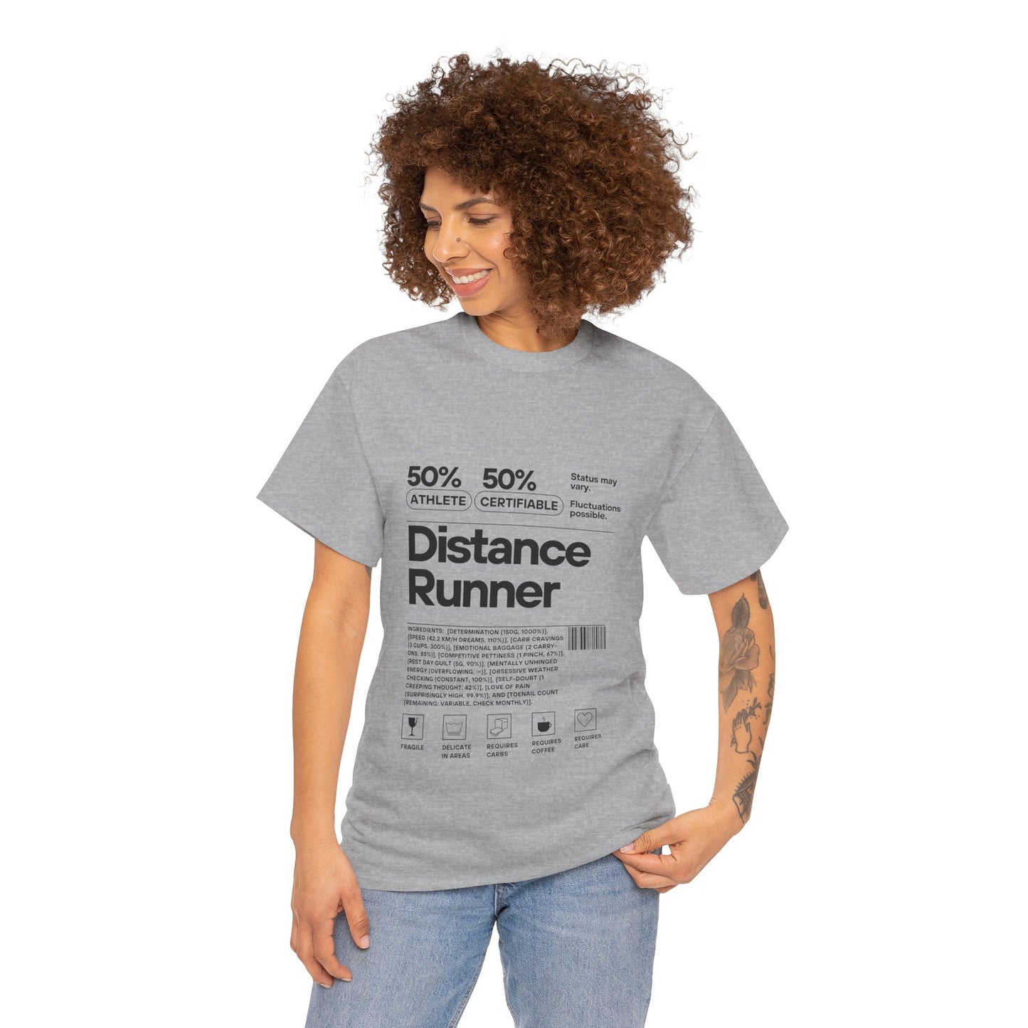 "Cotton tee featuring 50% athlete 50% certifiable distance runner humour"