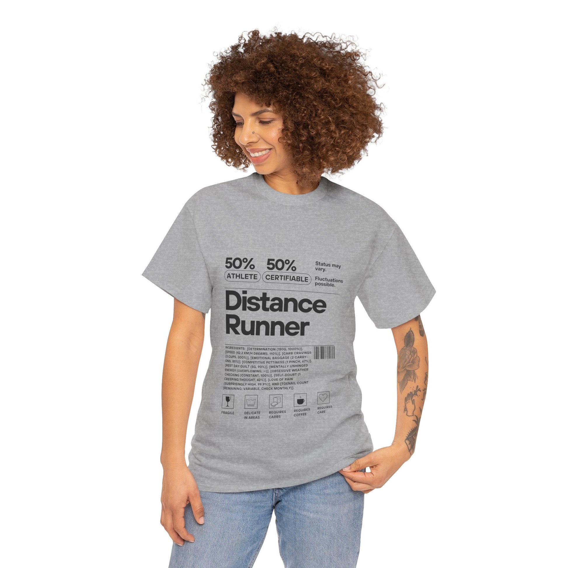 "Cotton tee featuring 50% athlete 50% certifiable distance runner humour"