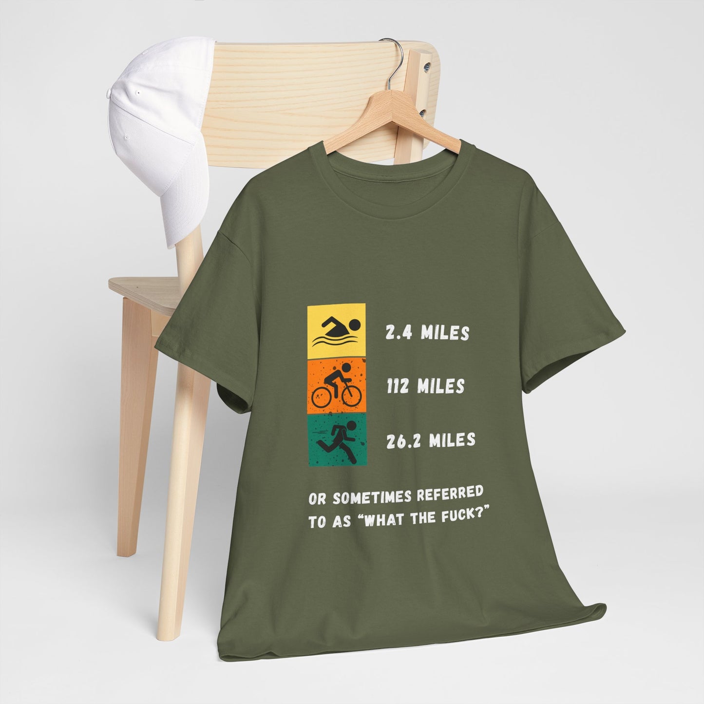 "Triathlon t-shirt with humorous 'WTF' text about Ironman distances - forest green"