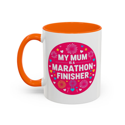  "White ceramic mug with 'Marathon Finisher Mum' text celebrating running mothers"