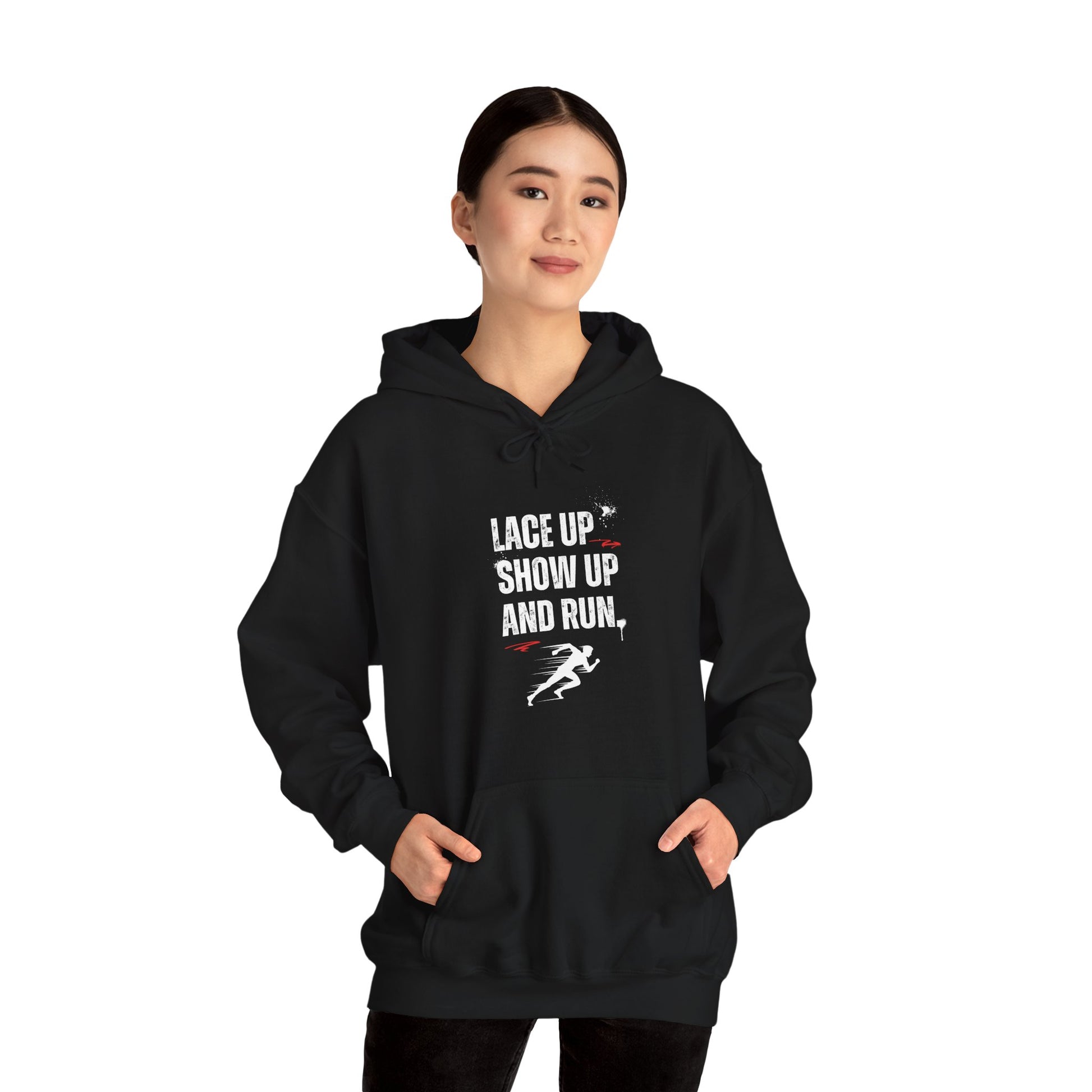 "Unisex heavy blend hoodie with motivational running text for athletes"