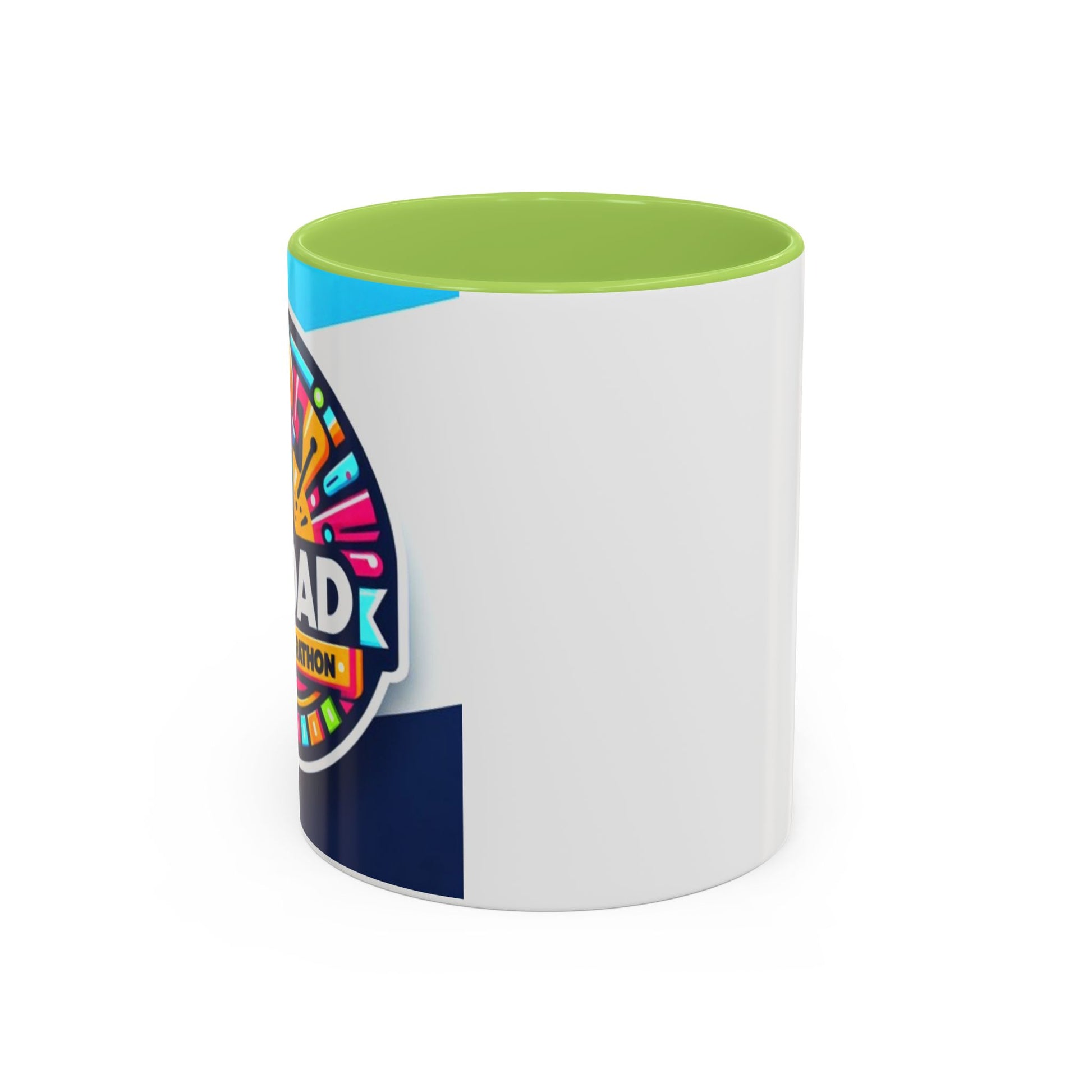"White ceramic mug with green contrast side angle 'My Dad Ran a Marathon' text celebrating father's achievement"