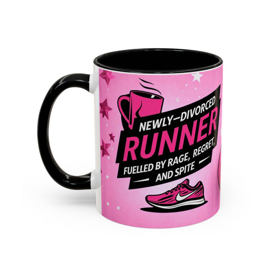 "Funny divorce-themed running mug with motivational text for runners"
