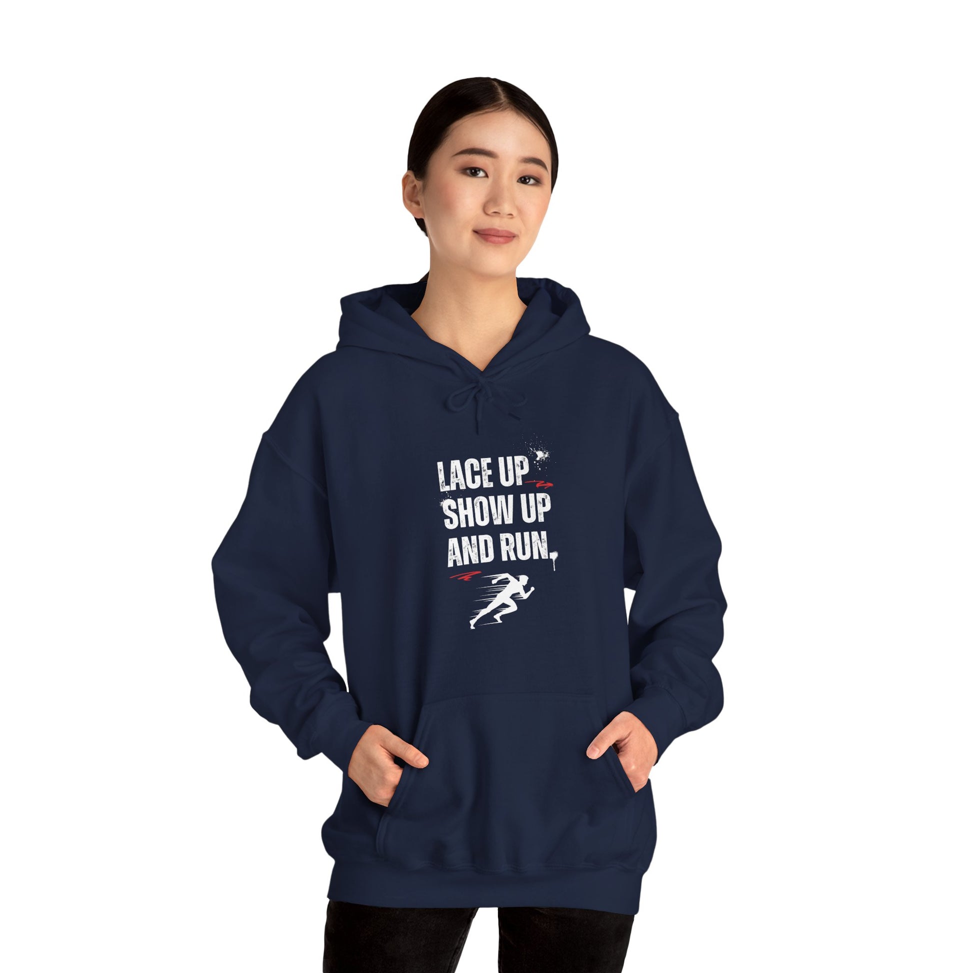 "Unisex heavy blend hoodie with motivational running text for athletes - navy"