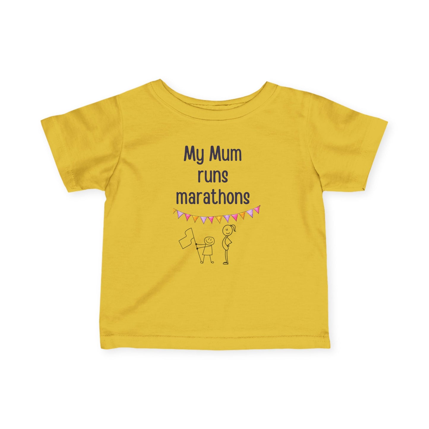 "Toddler t-shirt in yellow. Front text: My Mum runs marathons. Back: I run the show"