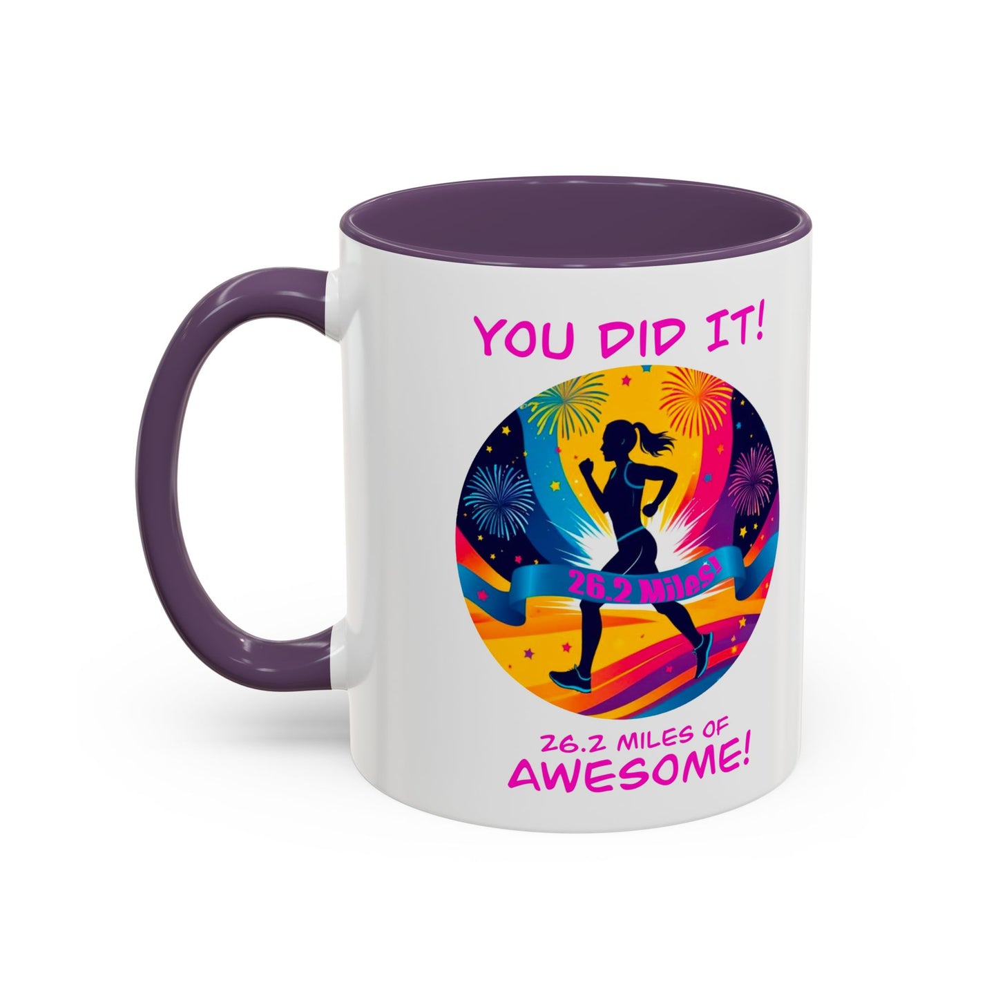 Purple / white contrast Marathon finisher coffee mug with inspirational finish line design"